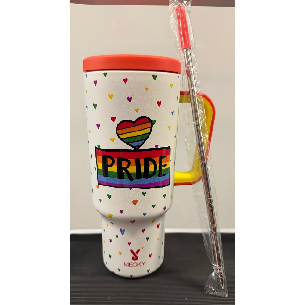 Meoky 40oz Pride Tumbler with Handle and Straw Rainbow Heart White Travel Mug
